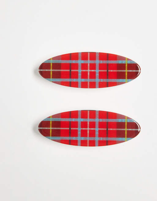 Reclaimed Vintage – Röd och skotskrutig hårklämma, 2-pack