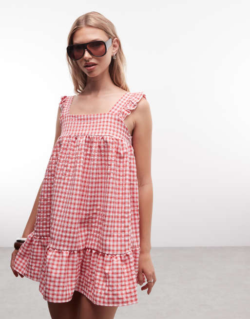 Reclaimed Vintage – Röd och vit, ginghamrutig sommarklänning i minilängd med smock, 3 av 4