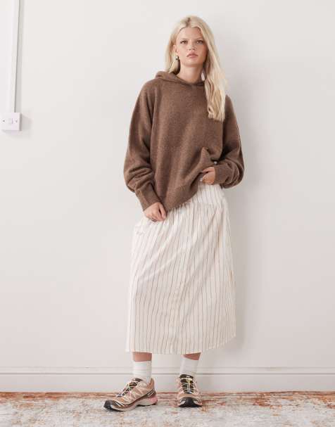 Reclaimed Vintage – Röd och vit, kritstrecksrandig midikjol med sänkt midja och knappar - view 1