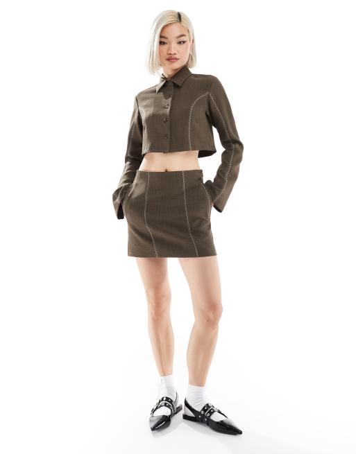 Reclaimed Vintage - Rok met kruissteekdetail in bruin, deel van co-ord set