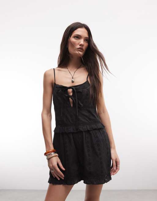 Reclaimed Vintage romper with bows in black eyelet