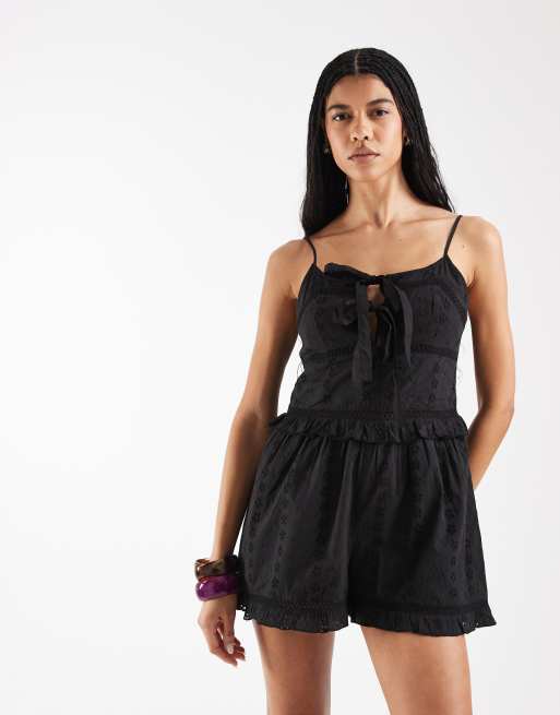 Reclaimed Vintage romper with bows in black eyelet, 2 of 4