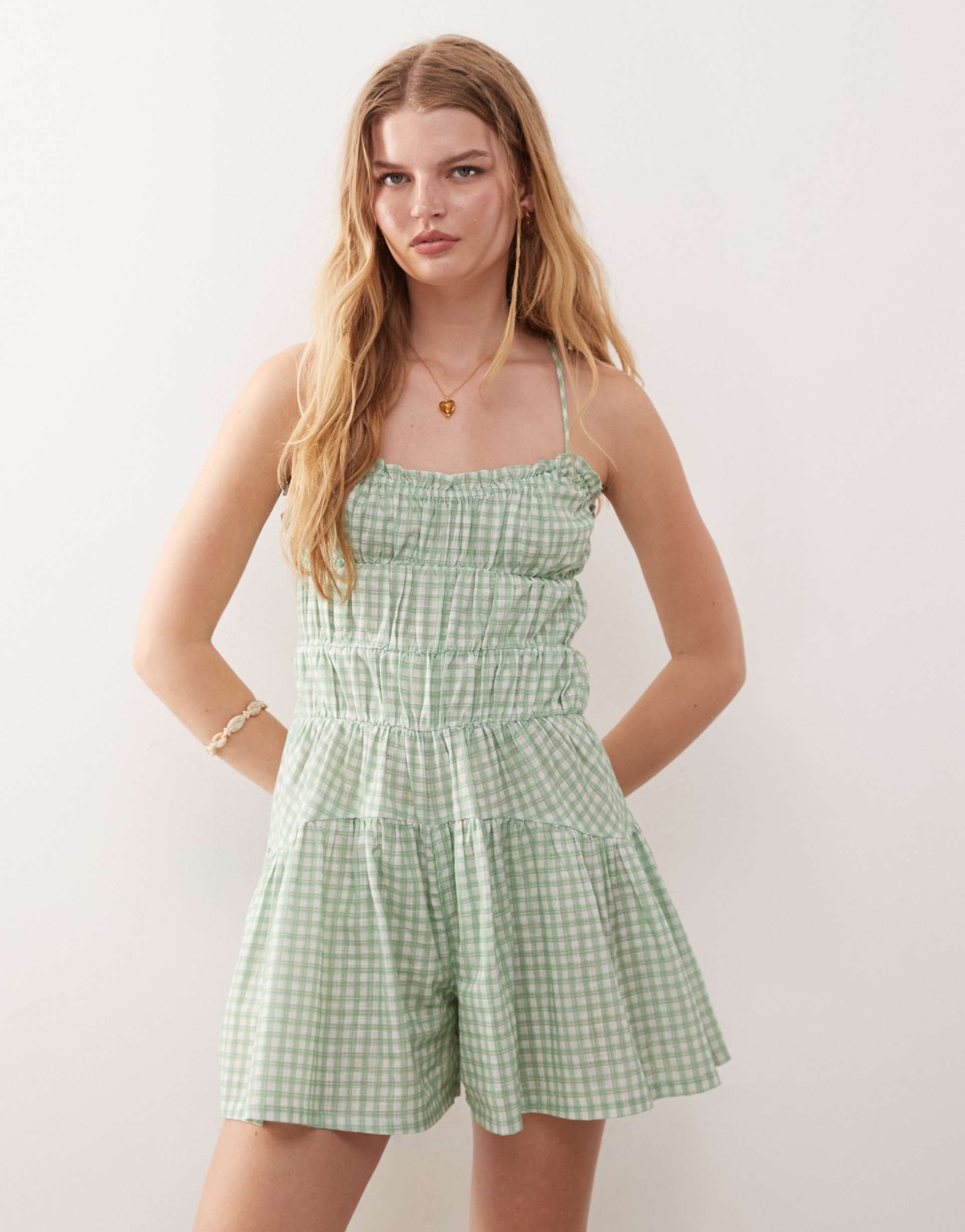reclaimed vintage romper with cross-back and shirring in green check