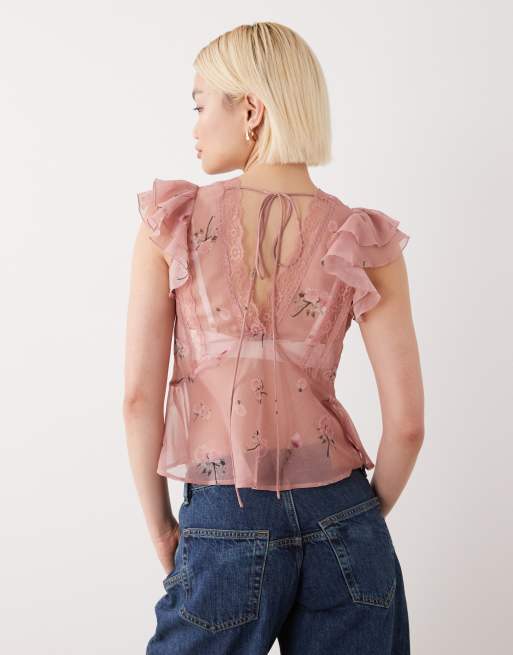Reclaimed Vintage – Rosa, blommig tea-topp med spetskanter och knäppning, 4 av 4
