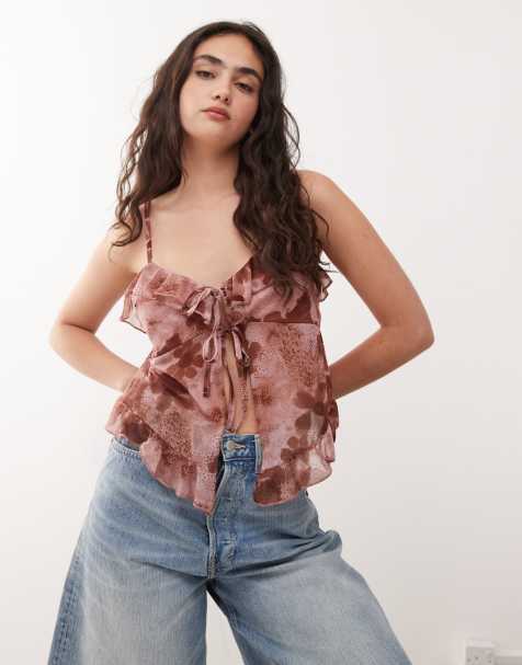 Reclaimed Vintage – Rosa, blommig topp i boho-stil med volang och knytning framtill - view 1