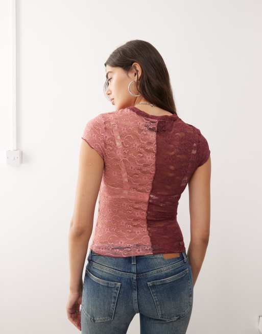 Reclaimed Vintage – Rosa, kort t-shirt i spets med delad design, 4 av 4