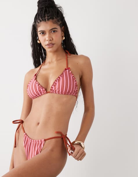 Reclaimed Vintage – Rosa, rödrandig bikini med knytband i sidan och volanger - view 1