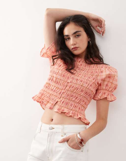 Reclaimed Vintage – Rosa, rutig topp i cowboystil med smock och puffärmar