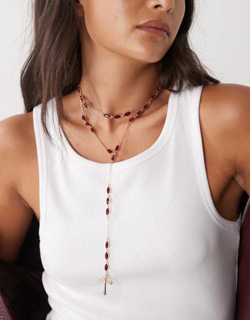 Reclaimed Vintage rosary 2 row necklace with faux red stones in gold tone