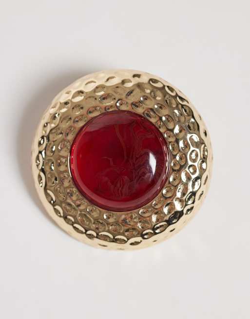 Reclaimed Vintage round molten metal earrings with red stone in gold, 2 of 4
