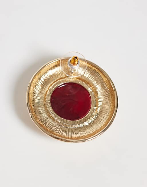 Reclaimed Vintage round molten metal earrings with red stone in gold, 3 of 4