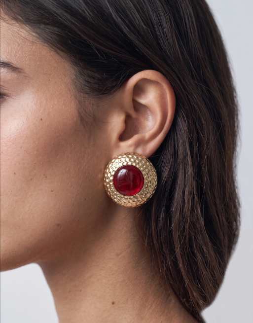 Reclaimed Vintage round molten metal earrings with red stone in gold, 4 of 4