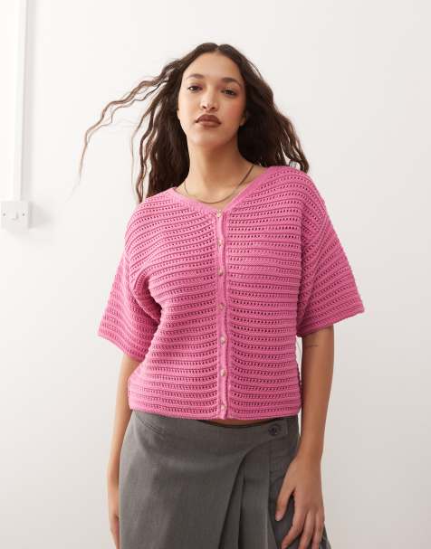 Reclaimed Vintage high v neck boxy short sleeve cardigan in pink