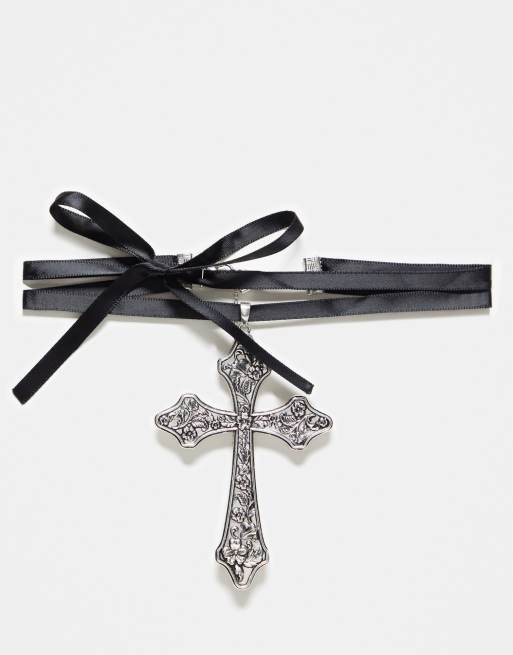 Reclaimed Vintage - Ruban unisexe avec pendentif oversize croix - Noir