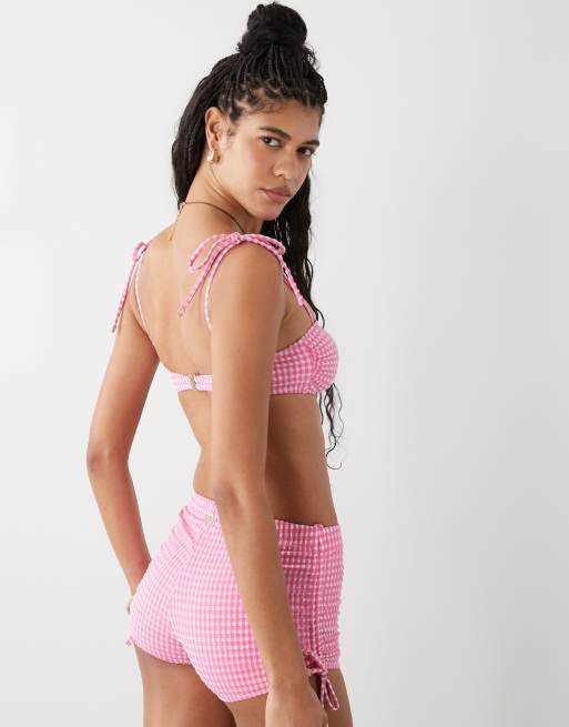 Reclaimed Vintage ruched bralette bikini top in red and white seersucker gingham, 3 of 4