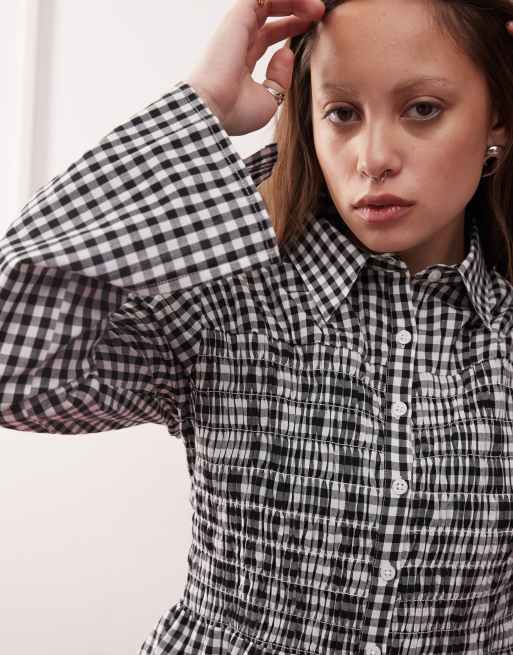 Reclaimed Vintage ruched cinched in shirt in black and white gingham, 2 of 4