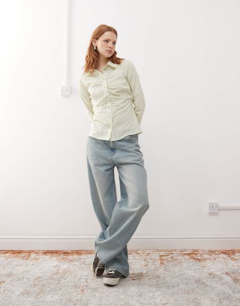 Reclaimed Vintage ruched cinched waist fitted shirt in green stripe - view 1