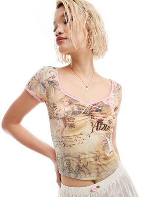 Reclaimed Vintage ruched front cap sleeve tee in renaissance print