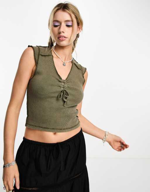 Reclaimed Vintage ruched front cap sleeve top in washed khaki