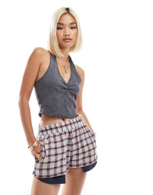Reclaimed Vintage Reclaimed Vintage ruched halter neck top in washed charcoal rib-Grey