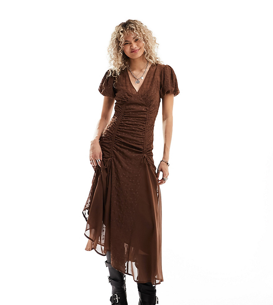 Reclaimed Vintage ruched maxi slip dress in brown-Multi