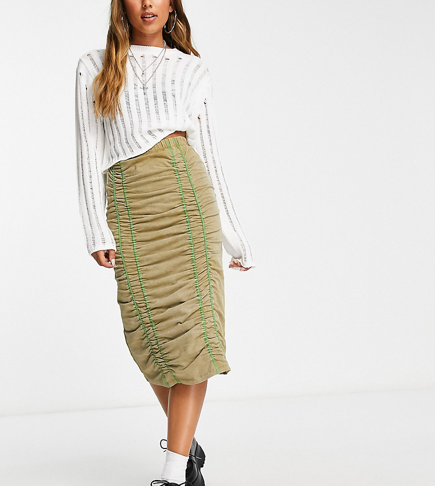 Reclaimed Vintage ruched midi skirt in green