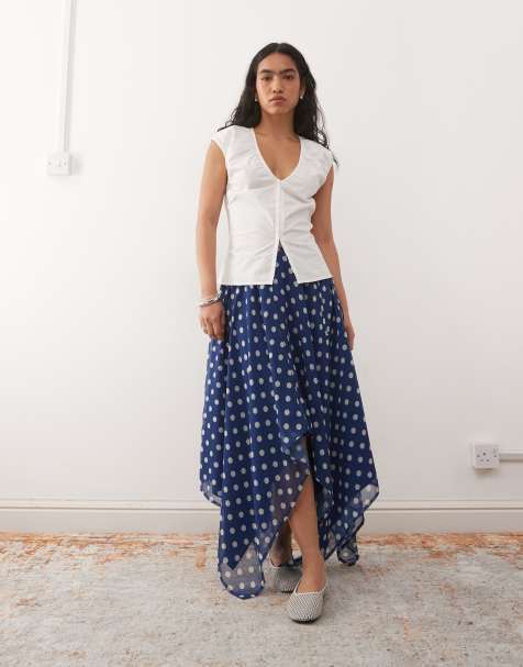 Reclaimed Vintage ruched midi skirt with asymmetric hem in navy polka dot print - view 1