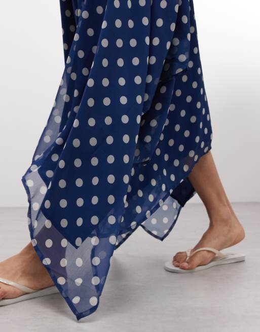 Reclaimed Vintage ruched midi skirt with asymmetric hem in navy polka dot print, 5 of 5