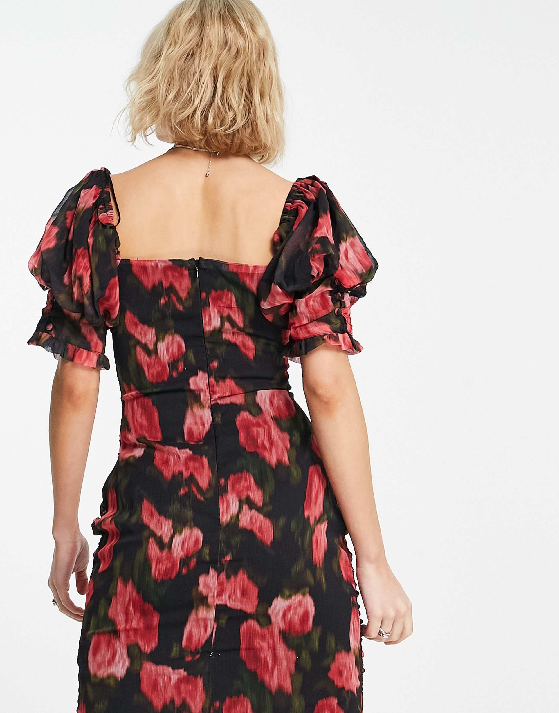 Reclaimed Vintage ruched puff sleeve mini dress in rose print view 3