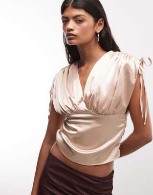 Reclaimed Vintage Ruched Shoulder Satin V Neck Top In White