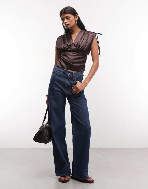 Reclaimed Vintage ruched shoulder satin v neck top in chocolate brown