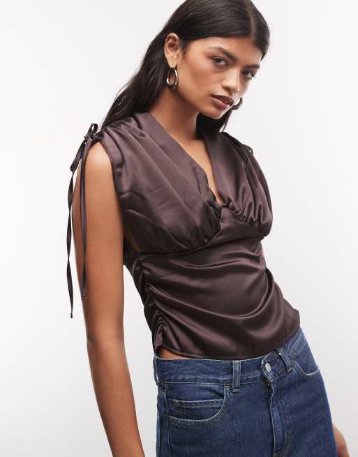 Reclaimed Vintage ruched shoulder satin v neck top in chocolate brown, 2 of 4