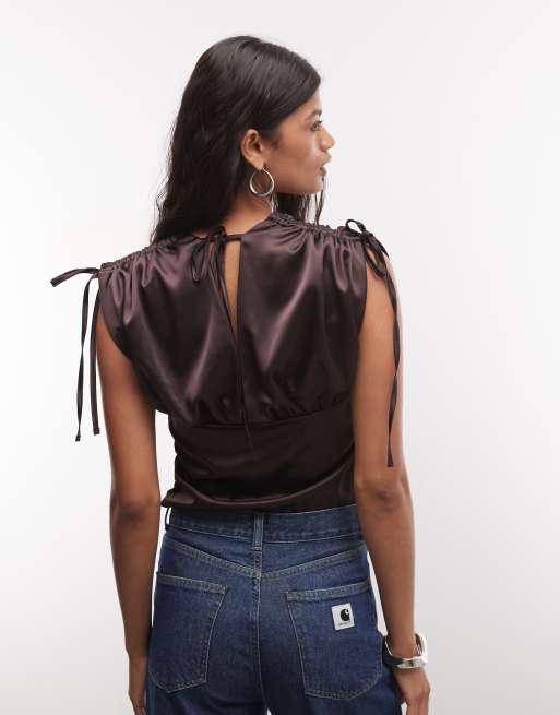 Reclaimed Vintage ruched shoulder satin v neck top in chocolate brown, 4 of 4
