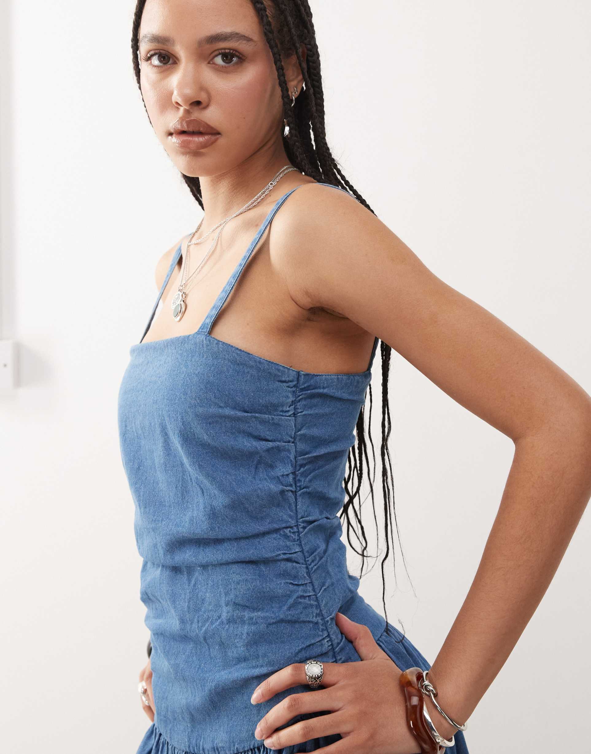 reclaimed vintage ruched side denim maxi dress in mid blue