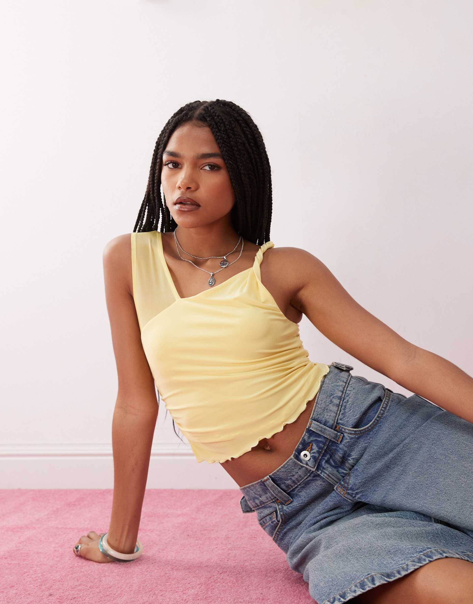 reclaimed vintage ruched side twist shoulder top in butter yellow