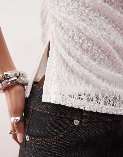 Reclaimed Vintage ruched sides tank top in white lace, 3 of 4
