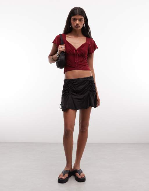 Reclaimed vintage ruched tie front jersey top in burgundy, 2 of 4