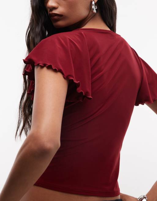Reclaimed vintage ruched tie front jersey top in burgundy, 4 of 4