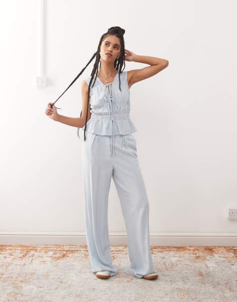 Reclaimed Vintage ruched tie front linen blend top in power blue 