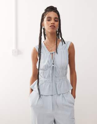 Reclaimed Vintage ruched tie front linen blend top in power blue 