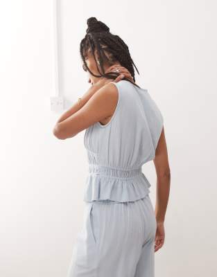 Reclaimed Vintage ruched tie front linen blend top in power blue 