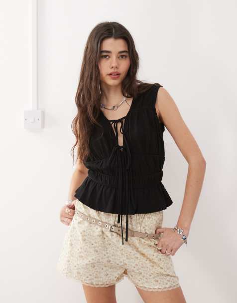 Reclaimed Vintage ruched tie front top linen blend top in black - view 1