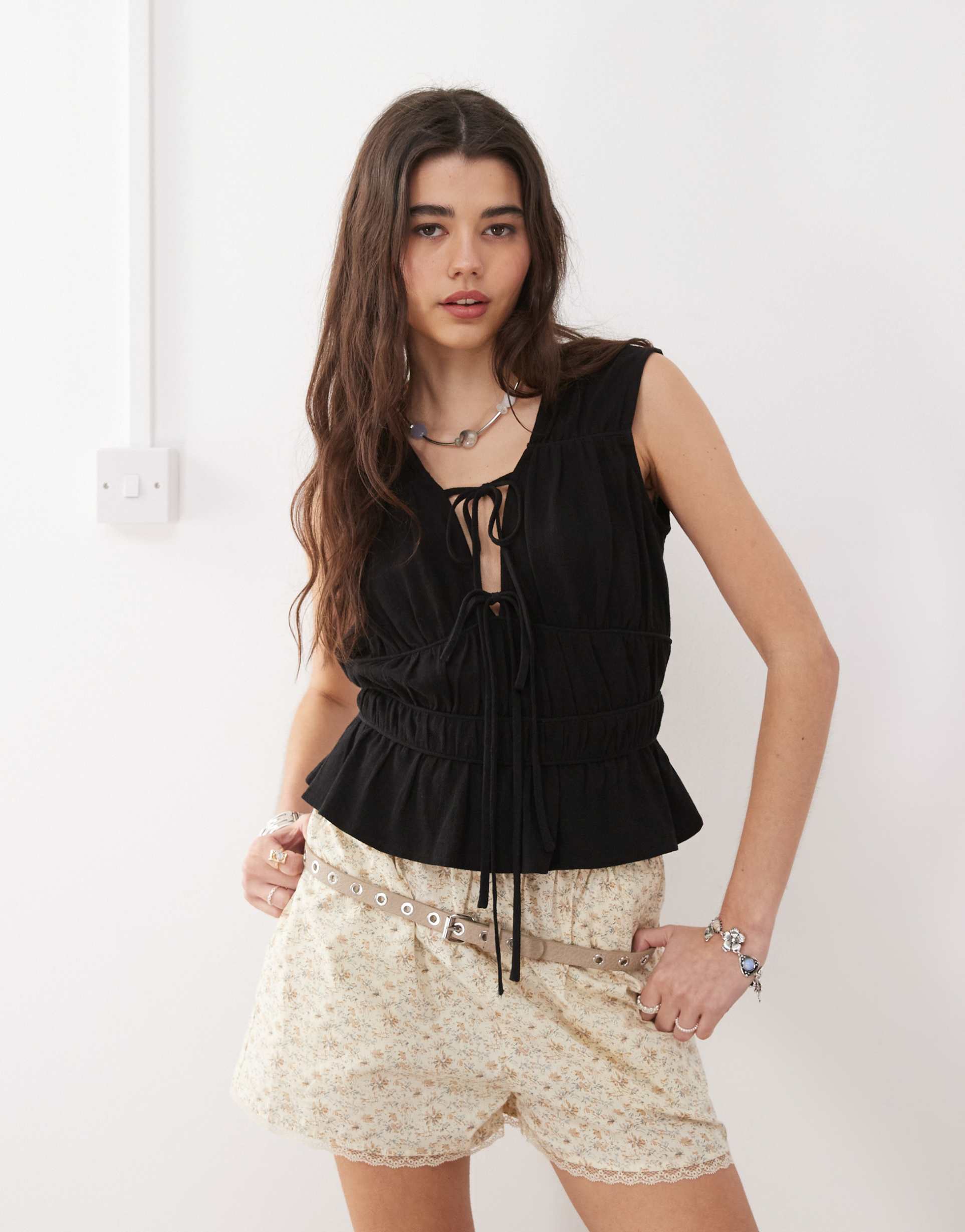 reclaimed vintage ruched tie front top linen top in black