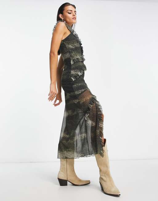 Black lace ruffle detail maxi dress sale