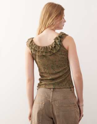 Reclaimed Vintage Ruffle Detail Mesh Paisley Print Top In Green