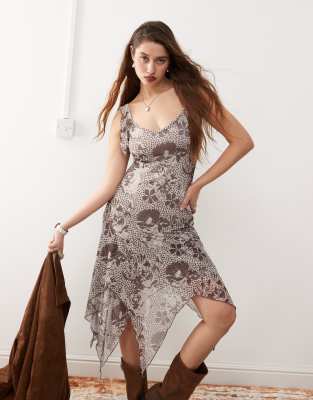 Reclaimed Vintage Ruffle Hanky Hem Dress In Floral And Polka Dot Print-multi