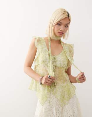 chiffon ruffle tie front blouse with matching scarf in green floral print