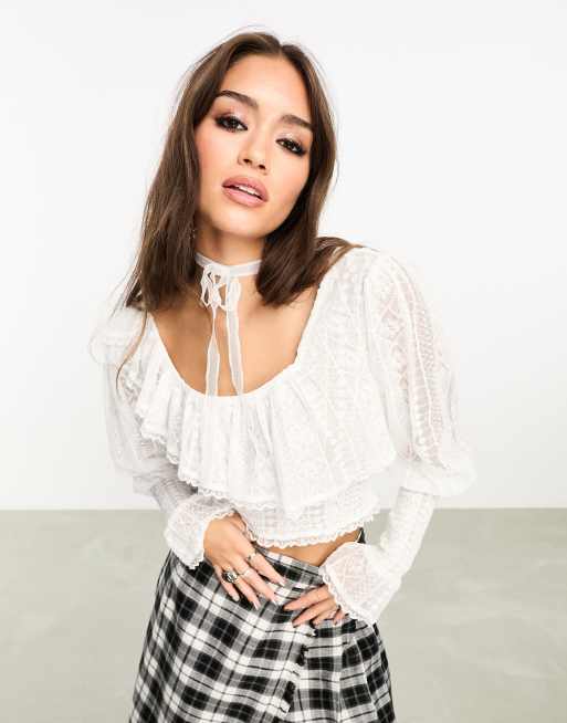 Reclaimed Vintage ruffle long sleeve lace blouse ASOS