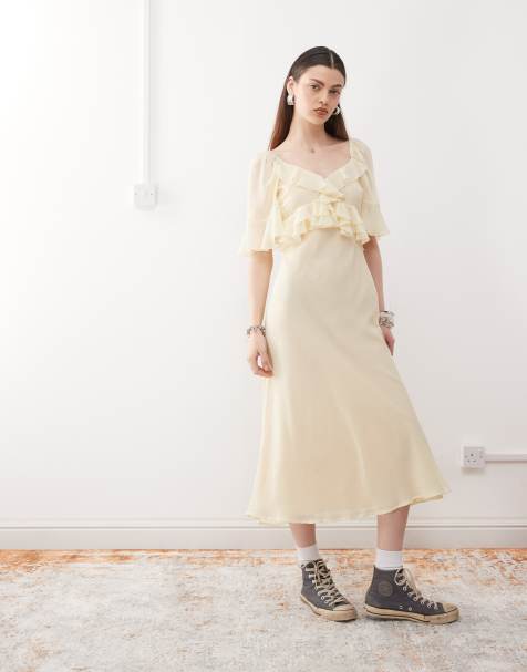 Reclaimed Vintage ruffle maxi dress in buttermilk yellow chiffon - view 1