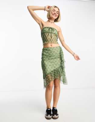 ruffle midi skirt in green check - part of a set